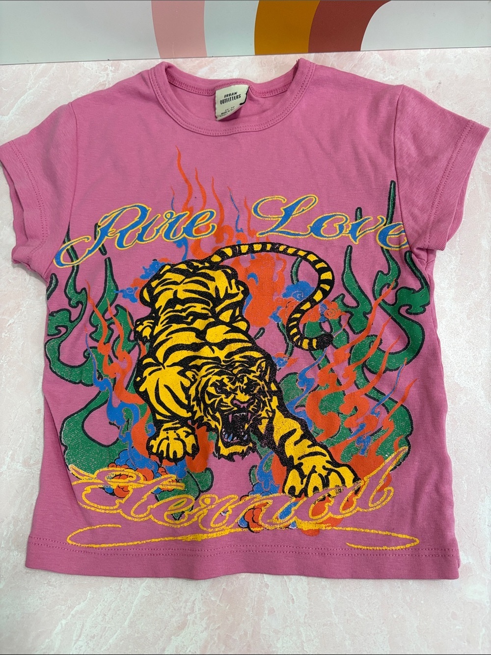 Urban Outfitters Pink Tee with Yellow Tiger Graphic